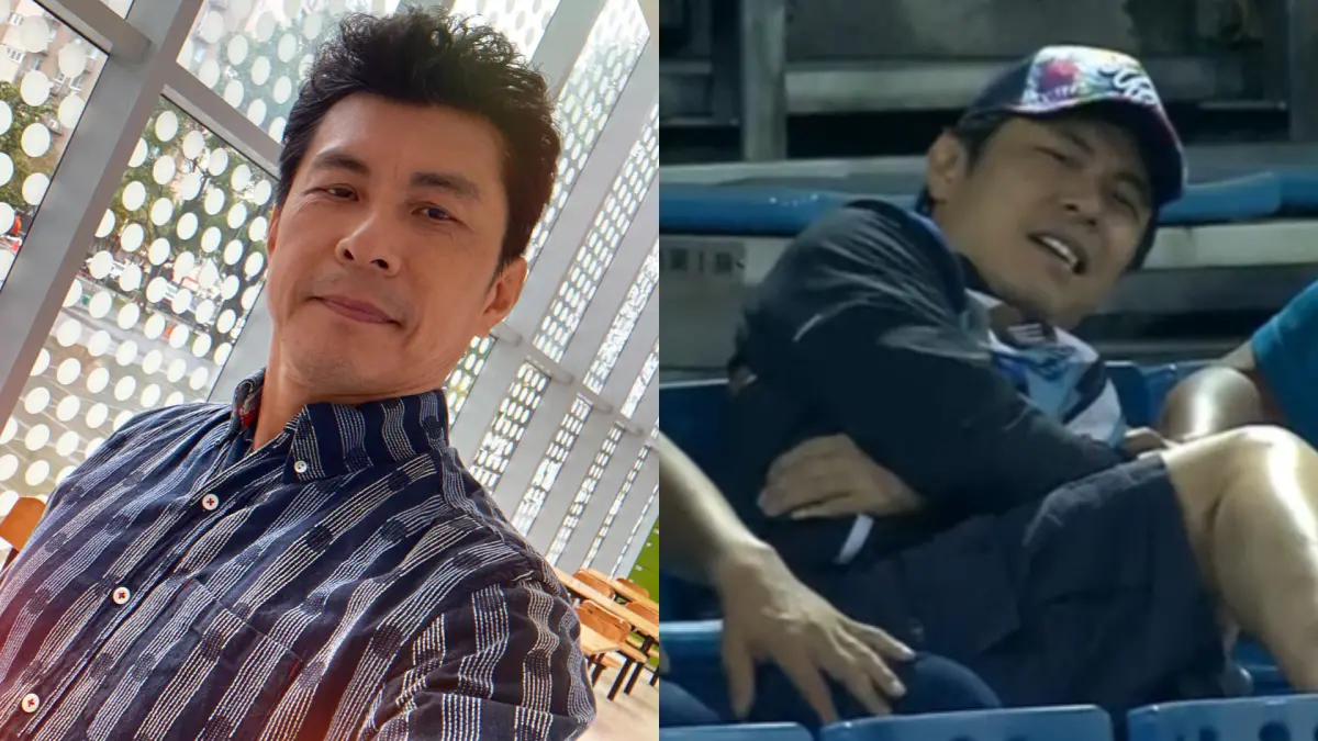 ▲蘇炳憲看棒球賽被界外球擊中，表情痛苦。（圖／蘇炳憲家族臉書、公視體育YouTube）