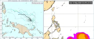 ▲最新(9日20時)美國系集模式(GEFS)模擬圖顯示，下週菲律賓東方海面有「熱帶擾動」發展，但機率有降低的跡象(左圖)。最新歐洲(ECMWF)系集模式12日20時模擬圖(右圖)亦顯示，「熱帶擾動」的發展機率亦有類似的調整。(圖擷自weathernerds，ECMWF)
