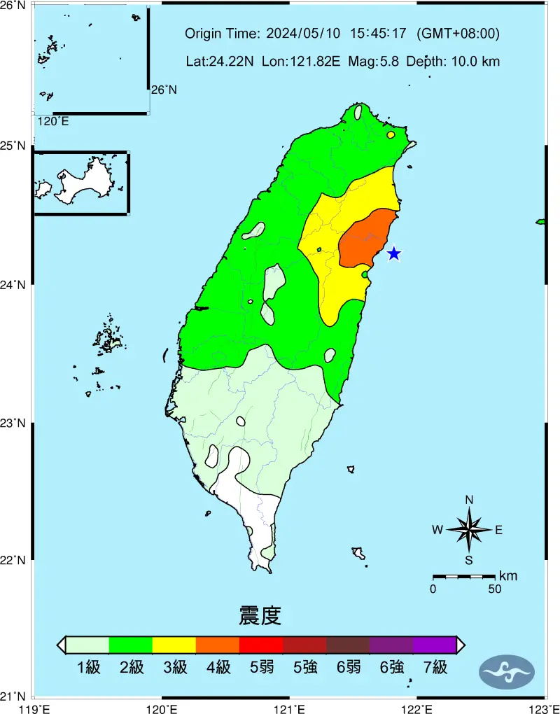 ▲5月10日15:45發生規模5.8地震，花蓮最大震度4級。（圖／中央氣象署）