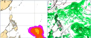 ▲最新10日20時歐洲（ECMWF）系集模式，模擬16日20時「熱帶擾動」發展機率圖（左圖）顯示，菲律賓東方海面有「熱帶擾動」醞釀中。美國模式（GFS）亦有類似的模擬（右圖）。（圖／ECMWF， weathernerds）