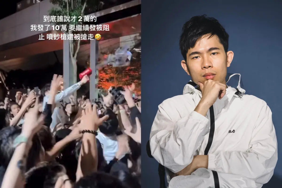 ▲Mr.R在信義區豪撒10萬元現金，被民眾發現有混入假鈔，他急澄清假鈔是培根（右）發的不是他。（圖／Threads、抱歉了培根臉書）