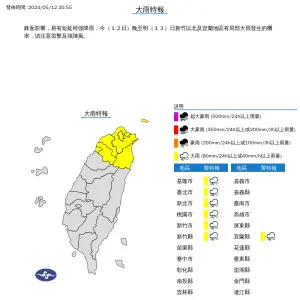 ▲今日晚間8點55分，中央氣象署針對新竹以北及宜蘭地區等7縣市發布「大雨特報」。