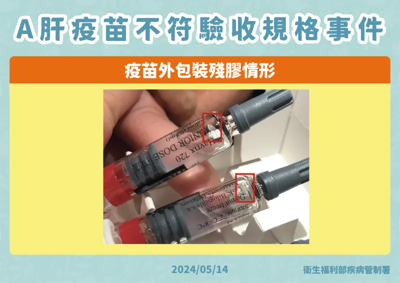 ▲疾病管制署今（14）日表示，近期發現幼兒常規接種使用A型肝炎疫苗針筒外、橡皮封蓋、外盒有殘膠，已陸續封存。（圖／疾管署提供）