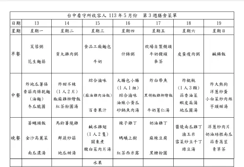 ▲Toyz入獄後的菜單（圖／翻攝自法務部矯正署臺中看守所官網）