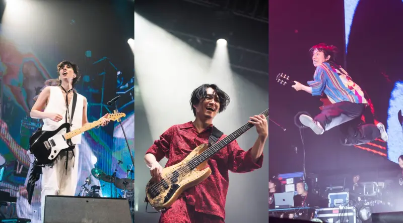 ▲RADWIMPS成員野田洋次郎（左起）、桑原彰、武田祐介在台北流行音樂中心開演唱會，表演《你的名字》主題曲〈前前前世〉送歌迷。（圖／Takeshi Yao）
