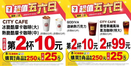 ▲7-11今日起至19日，摩卡咖啡、GODIVA熱巧克力第二杯10元。（圖／7-11提供）