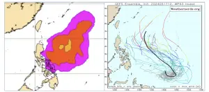▲17日20時歐洲(ECMWF)系集模式(左圖)及美國(GFES)系集模式(右圖)皆模擬，未來一週至10天，在菲律賓東方海面有「熱帶擾動」醞釀。（圖／翻攝三立準氣象.老大洩天機）