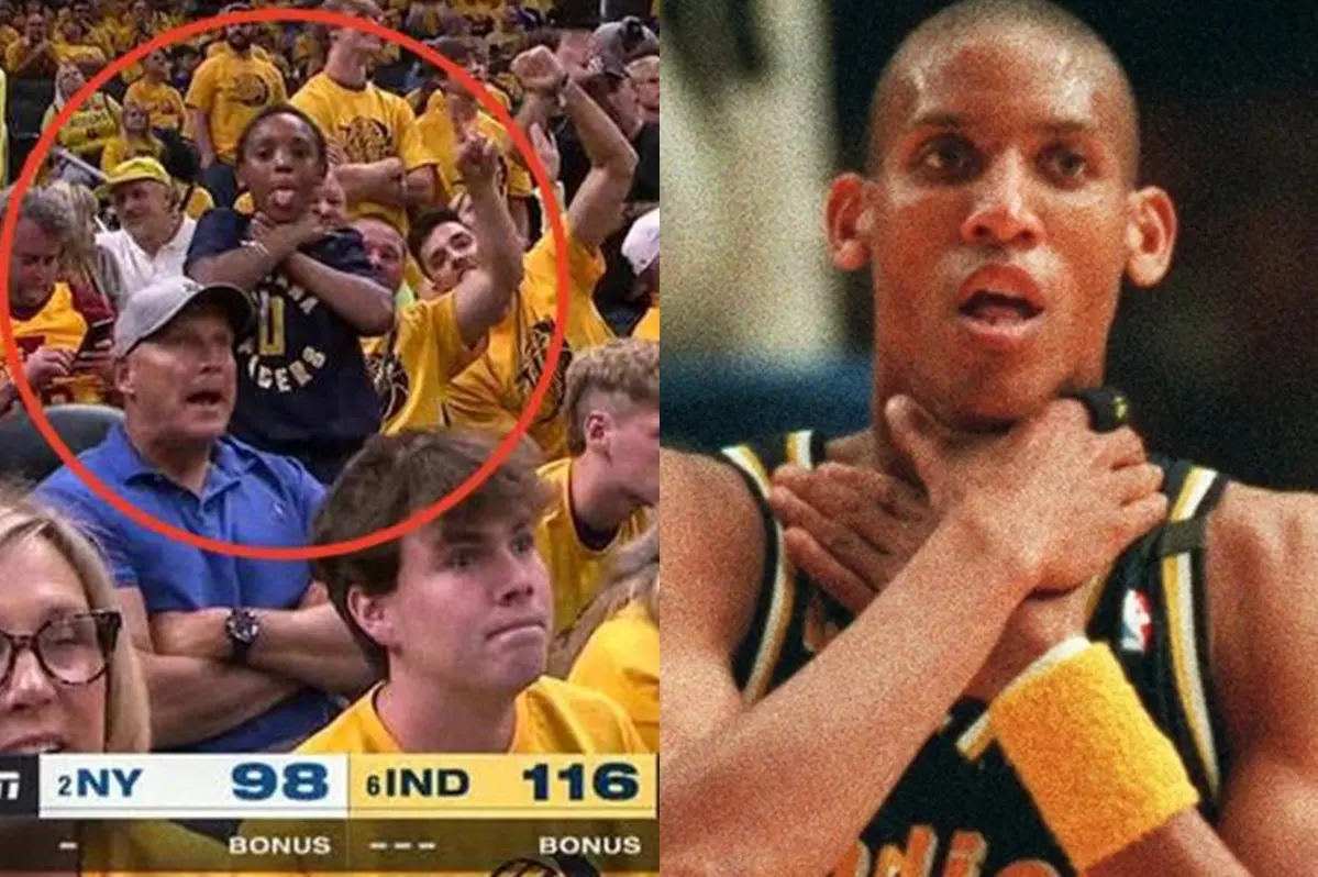 ▲NBA季後賽東區次輪G6，印第安納溜馬守護「魔鬼主場」以116：103擊敗紐約尼克，將系列賽拖進搶七。比賽中一名小球迷比出溜馬傳奇球星「大嘴」Reggie Miller當年在東區決賽G5做出的鎖喉動作。（圖／翻攝自X）