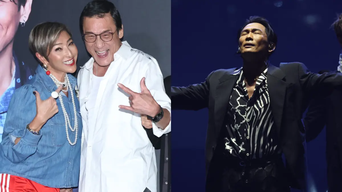 ▲梁家輝和老婆江嘉年、鍾鎮濤和妻子范姜素貞以及上山詩鈉等，一眾港星現身台北小巨蛋觀賞杜德偉演唱會，在觀眾席掀起騷動。（圖／記者陳明中攝）