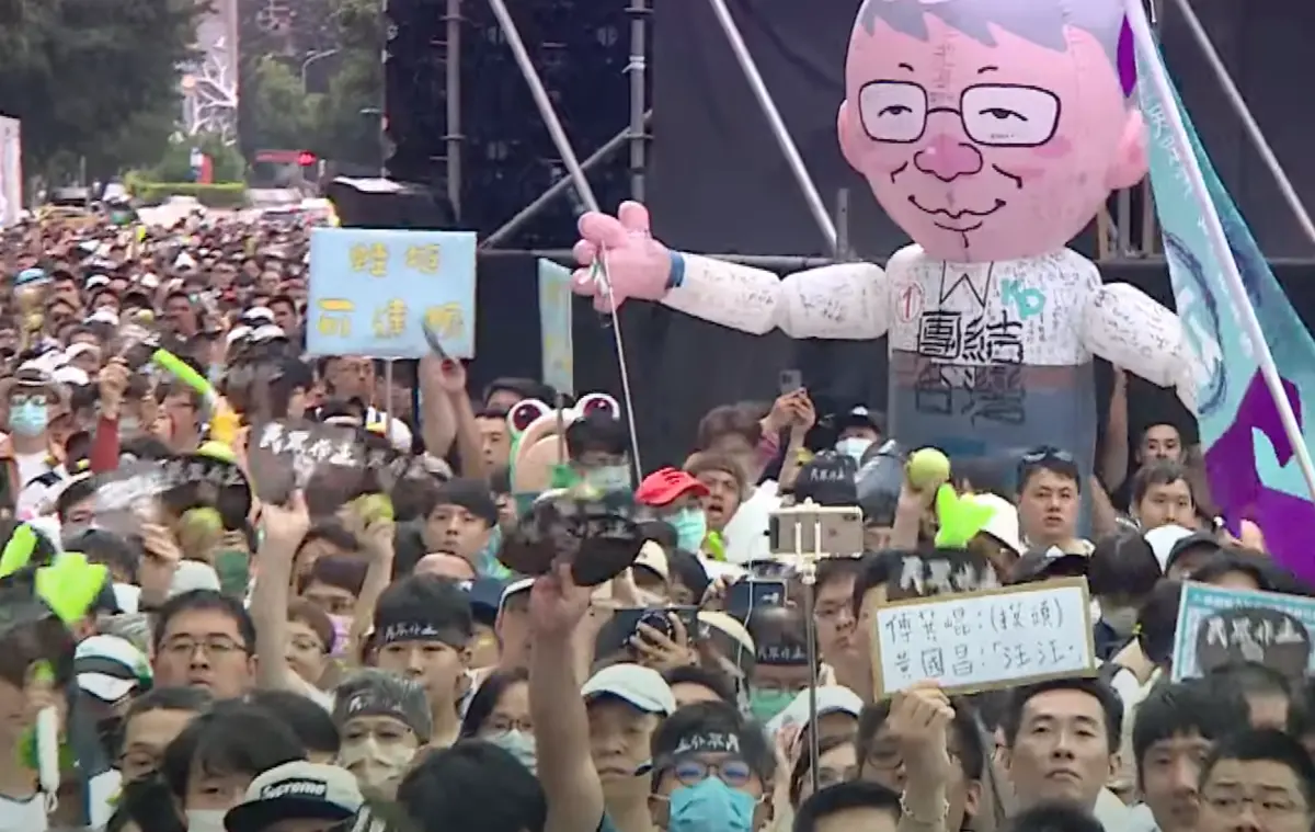 ▲民眾黨519遊行，台下竟有人手舉「傅崐萁摸頭，黃國昌汪汪」的手牌。（圖／截圖自民眾黨Youtube）