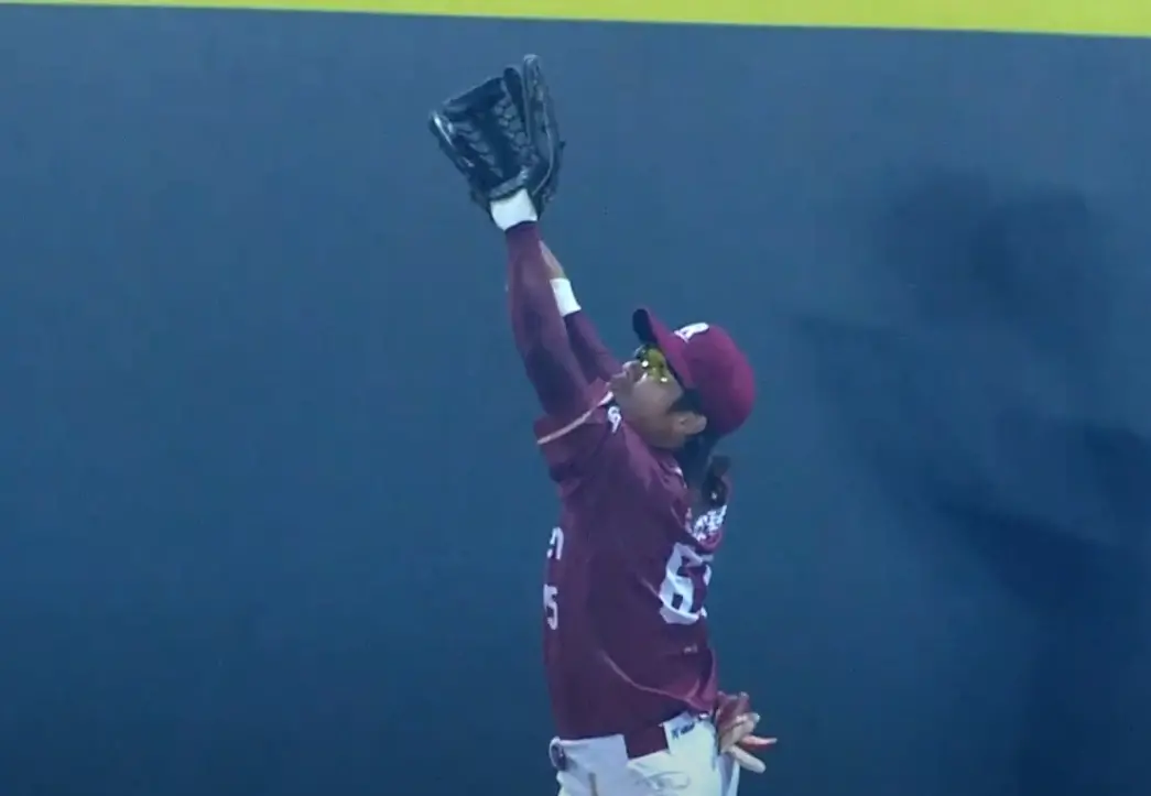 ▲樂天桃猿外野手林政華上演六星級美技接殺，澆熄兄弟反攻氣焰。（圖／取自CPBLTV）