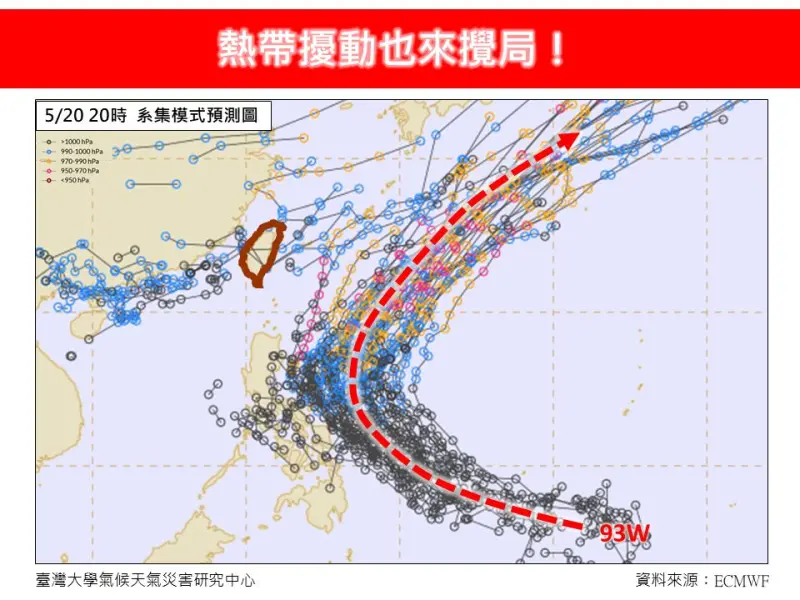 ▲今年第一號颱風「艾維尼」生成機率提高，預估後續會出現迴轉路徑往日本南海一帶移動。（圖／翻攝林老師氣象站）