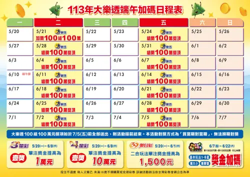 ▲即將迎來一年一度的端午節,台彩也推出加碼活動,一張大樂透彩券有雙重對獎機會。(圖/台彩官網) ▲即將迎來一年一度的端午節,台彩也推出加碼活動,一張大樂透彩券有雙重對獎機會。(圖/台彩官網)