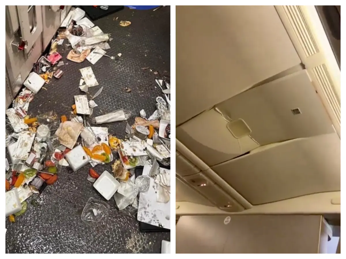 ▲新加坡航空一架編號SQ321從倫敦飛往新加坡的波音777-300ER客機，由於遭遇強烈氣流，今日下午4點左右緊急迫降在曼谷素萬那普機場，目前已知至少造成機上1人死亡、30人受傷，有網友在X上分享事故班機內的現場照片，可以想像當下機上的混亂。（圖／翻攝自@invincible39的X）