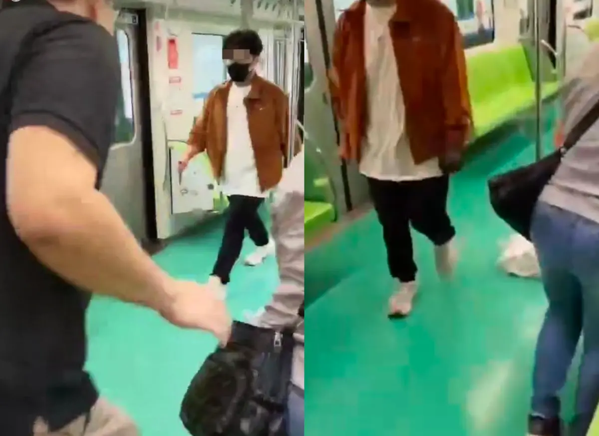 ▲男行兇時車內民眾齊心對抗，有人拿傘將菜刀打掉，許姓男子更勇猛上前搏鬥臉部遭劃傷，後續洪男行兇的另一視角也曝光，他惡狠狠地持刀走向人群揮砍，一名黑色大叔即時擋下刀，也讓不少人盛讚英雄。（圖／翻攝爆料公社）