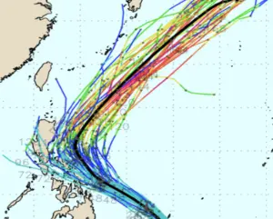 ▲今年首號颱風「艾維尼」有很高機率出現，未來一週路徑，預計先朝西北逐漸接近呂宋島，再向東北大迴轉遠離。（圖／「三立準氣象．老大洩天機」）