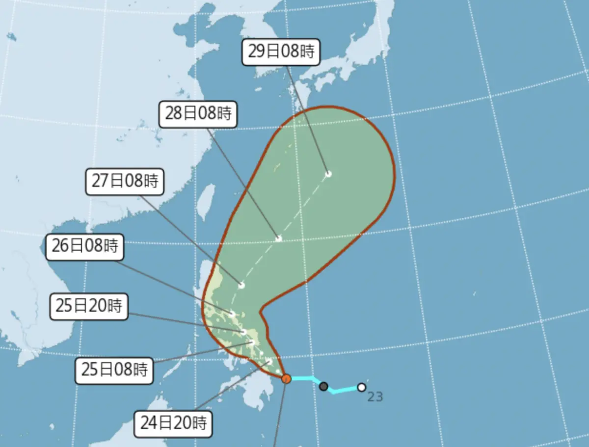 ▲菲律賓東方海面熱帶性低氣壓發展中，預估最快今晚有機會發展成今年第一號颱風，最新路徑顯示下週一（27日）將逐漸在巴士海峽、琉球海面北上。（圖／取自中央氣象署）