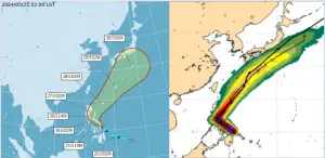 ▲最新中央氣象署「路徑潛勢預測圖」（左圖）顯示，今年首颱「艾維尼」將於今（25）日14時形成。其未來行徑與最新歐洲系集模式模擬（右圖）類似，先朝西北逐漸接近呂宋島，再向東北大迴轉遠離。（圖／取自「三立準氣象.老大洩天機」）