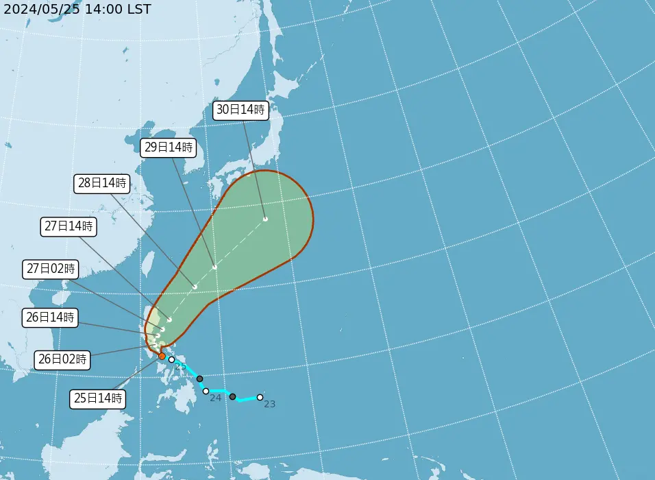 ▲目前熱帶性低氣壓位於鵝鑾鼻南南東1050公里菲律賓群島附近，由於受到菲律賓群島綠地影響結構，預估生成時間要到今天深夜到明天清晨才會生成首個颱風。（圖／取自中央氣象署）