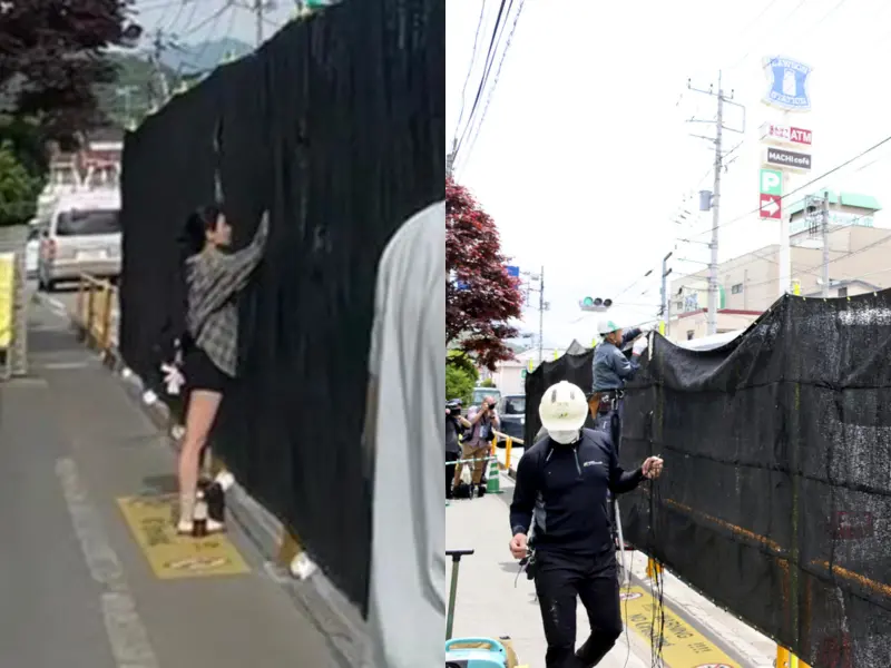 ▲有中國網友指出,一名陸客為了拍富士山,直接在黑幕上挖洞。(圖/翻攝自小紅書、美聯社)