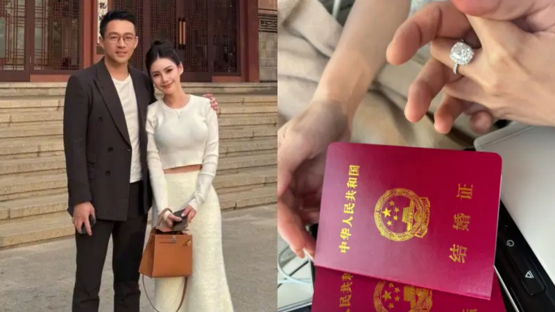 ▲汪小菲（左圖左）5月27日和Mandy登記結婚，並送上鴿子蛋鑽戒套牢另一半。（圖／汪小菲微博、抖音）