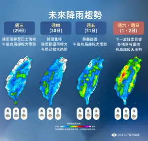 本週台灣天氣皆受到鋒面影響,各地降雨都偏多。(圖/中央氣象署提供) ▲本週台灣天氣皆受到鋒面影響,各地降雨都偏多。(圖/中央氣象署提供)