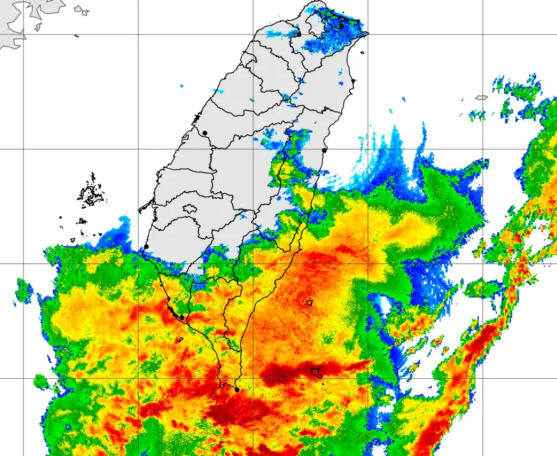 ▲鋒面位於台灣上空，配合西南風、對流發展旺盛，各地一早就出現「短延時強降雨」。（圖／翻攝中央氣象署官網）