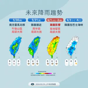 ▲明天各地雨勢再起，一路到週末全台都會有顯著降雨，且要留意大雨發生。（圖／中央氣象署提供）