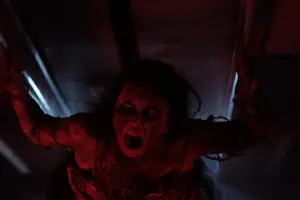 ▲印尼恐怖片《鬼咧號》，恐怖長髮女子橫趴在車廂天花板。（圖／威視）