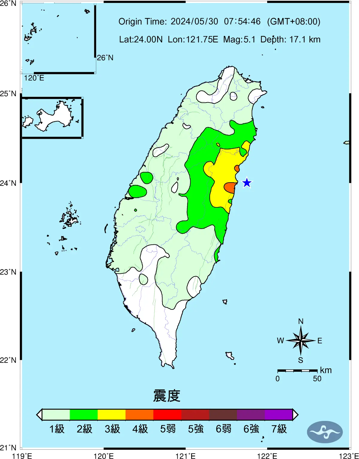 ▲5月30日7時54分發生規模5.1地震，震央在台灣東部海域。（圖／中央氣象署）