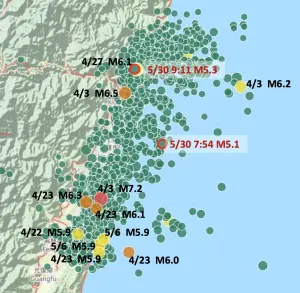 截至今日上午9時45分為止,0403花蓮強震序列中,總地震數為1487起,規模5以上達85起。(圖/中央氣象署提供) ▲截至今日上午9時45分為止,0403花蓮強震序列中,總地震數為1487起,規模5以上達85起。(圖/中央氣象署提供)