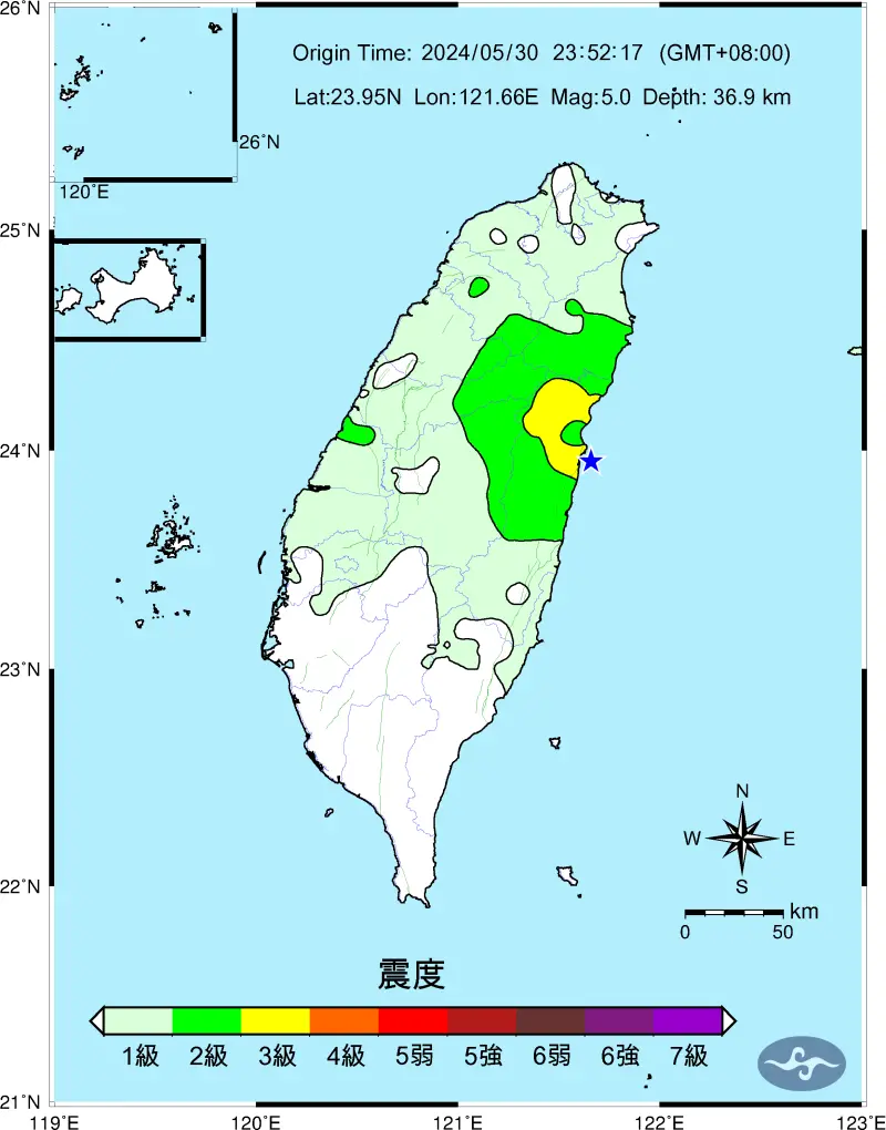▲5月30日深夜11點52分，花蓮地區發生芮氏規模5.0地震。（圖／中央氣象署）