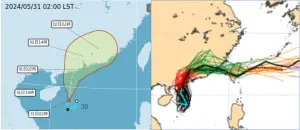 ▲：最新(31日2時)中央氣象署「路徑潛勢預測圖」(左圖)顯示，南海的「熱帶低壓」今日將發展為第2號颱風「馬力斯」，其行徑與最新(30日20時)歐洲(ECMWF)模式系集模擬(右圖)類似，先向北前進，再轉向偏東。明日登陸廣東後減弱。