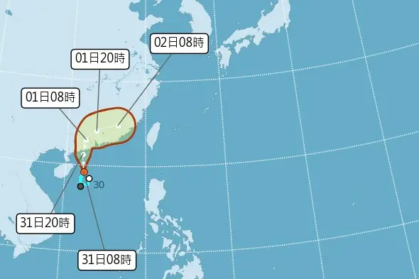 ▲第2號「馬力斯」颱風即將形成！根據氣象粉專指出，預估將在週六（1日）凌晨左右登陸中國廣東，接著將一個大轉彎衝向台灣。（圖／中央氣象署）