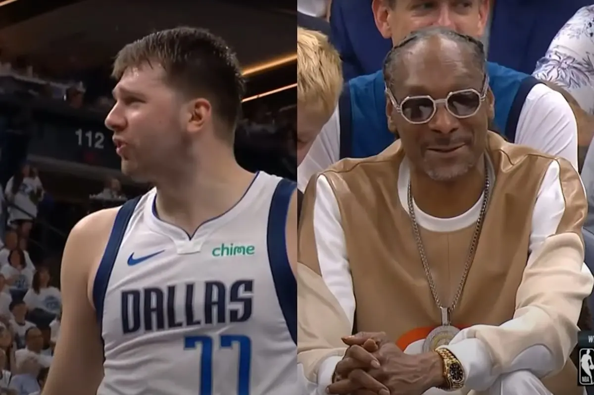 ▲西區決賽G5賽事中，獨行俠球星Luka Doncic被犯規進算後，他朝著場邊灰狼的球迷咆哮，接著鏡頭給到了美國知名嘻哈藝人史努比狗狗（Snoop Dogg），引起熱議。（圖／翻攝自YouTube）