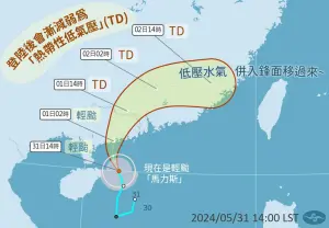 ▲輕颱馬力斯剛生成就要直接往北登陸中國廣東，觸陸之後將有高機率直接轉變成熱帶低壓，其殘留水氣仍會影響台灣。（圖/中央氣象署提供）