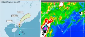 ▲最新(1日2時)中央氣象署「路徑潛勢預測圖」(左圖)顯示，第2號颱風「馬力斯」，登陸廣東，受地形破壞，將迅速減弱為「熱帶低壓」。今(1日)晨4：30紅外線雲圖顯示，台灣上空雲層仍鬆散(右圖)，伴隨零星少量飄雨。（圖／翻攝自「三立準氣象.老大洩天機」）