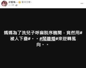 ▲許聖梅對狄鶯的發言嗤之以鼻,感嘆孫安佐已經成年,要對自己的行為負責。(圖/許聖梅臉書) ▲許聖梅對狄鶯的發言嗤之以鼻,感嘆孫安佐已經成年,要對自己的行為負責。(圖/許聖梅臉書)