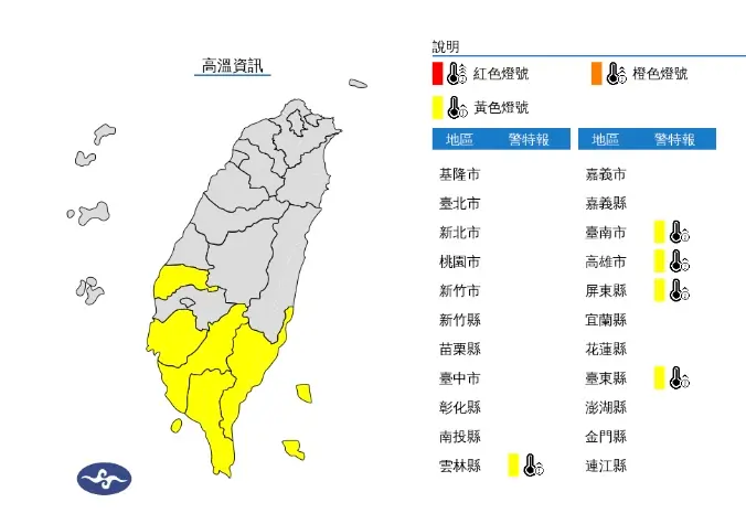 ▲天氣高溫炎熱，臺東縣地區已有焚風發生，今（1）日雲林縣、臺南市、高雄市、屏東縣、臺東縣為黃色燈號。（圖／中央氣象署提供）