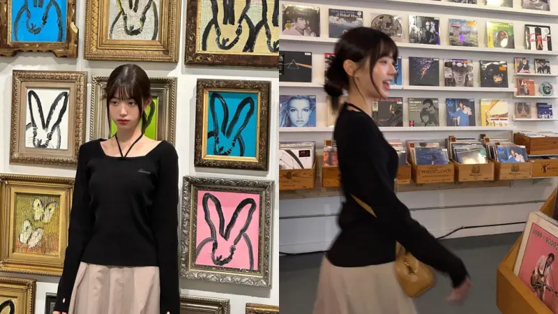 ▲張員瑛以小小露肩的黑色上衣，搭配卡其色傘裙，還綁起丸子頭，素顏的狀態依然藏不住高顏值。（圖／IG for_everyoung10）