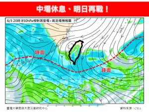 ▲今天鋒面南移至巴士海峽，北方乾冷空氣移入，各地的雨勢較為趨緩，天氣相對穩定。（圖／林老師氣象站）