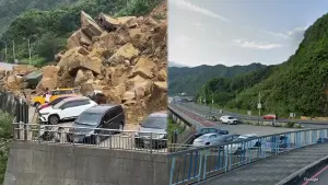 恐怖對比／基隆潮境公園入口山崩　翠綠山頭「變巨石暴雨」埋車輛
