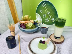 ▲陶板屋7道式和風創作料理套餐668元+10%，附選一〇八宇治抹茶濃布丁、一〇八宇治抹茶黑糖歐蕾，可單點或加購一〇八宇治抹茶麵佐海老野菜。（圖／記者蕭涵云攝）