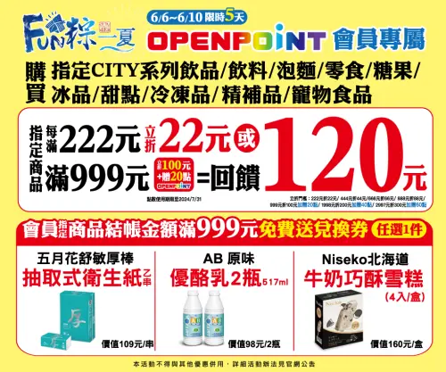 ▲指定CITY系列飲品/常溫/冷藏/冰品/啤酒/零食/糖果/泡麵/精補品/冷凍品/甜點/寵物食品，消費每滿222元折22元 或 滿999折100元加贈20點OPENPOINT。（圖／7-11提供）