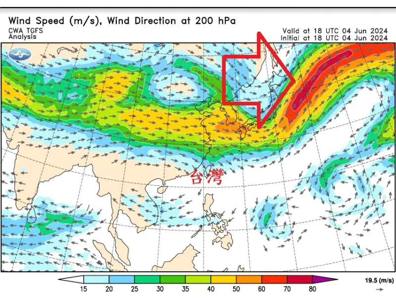 ▲前中央氣象局局長鄭明典分享，台灣以北的高空中出現風速高達「每秒70米」以上的噴射氣流。（圖／鄭明典臉書）