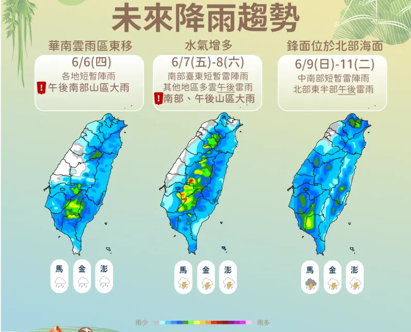 ▲端午連假前的天氣越來越不穩定，華南雲系、鋒面、西南風接力影響。（圖／中央氣象署提供）