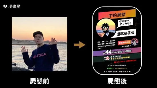 ▲「這裡拍拍~屍麥唷:)」讓粉絲化身黃色書刊筆下喪屍,上傳並完成分析即可獲得SUNMAI啤酒免費兌換券。(圖/橘子集團提供)