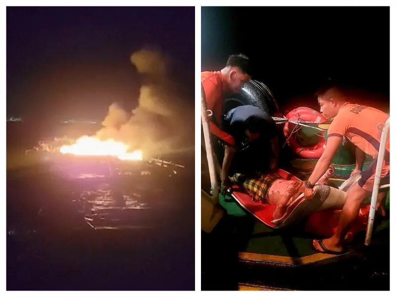 ▲菲律賓一艘漁船昨（5）日晚間在海上不明原因爆炸起火，造成6位船員死亡，另有6名船員獲救，詳細意外發生經過，仍待進一步調查釐清。（合成圖／美聯社／ Philippine Coast Guard）