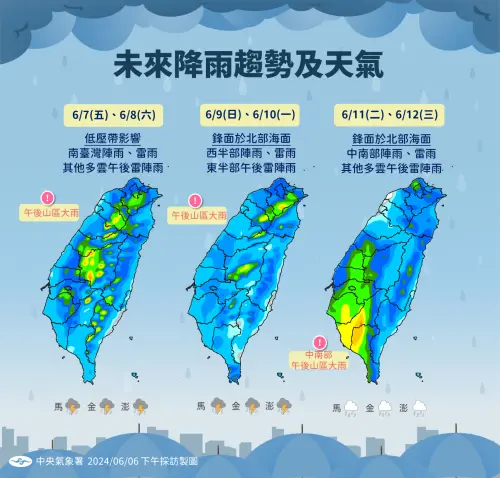 ▲未來一週多的時間都是多雨模式，全台民眾外出建議攜帶雨具。（圖／中央氣象署提供）