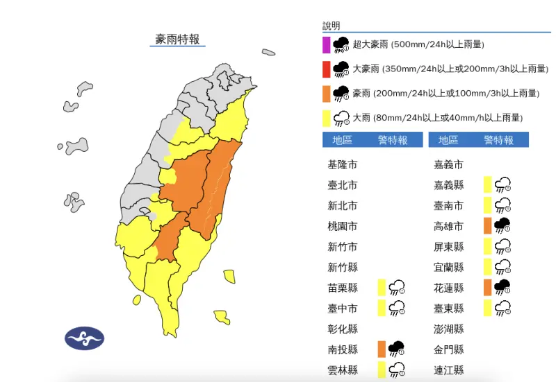 快訊／入夜雨勢升級！高雄、花蓮等11縣市「豪雨特報」　下到深夜